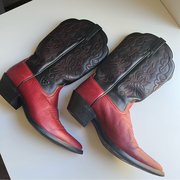 Ariat Heritage Rtoe Leather Western Red Black Cowboy Boots Rodeo Cowgirl 7 - Picture 3 of 11